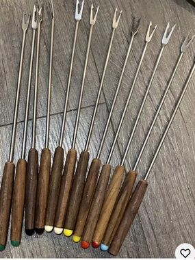 1970 teak type  Wooden-Handled Fondue Fork Set with Colored Tips